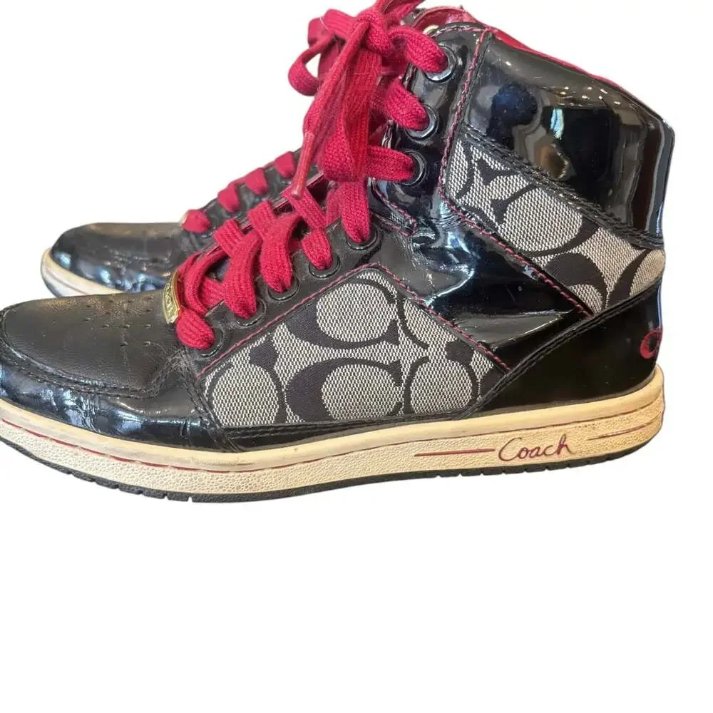 Coach Norra High Top Sneaker Q368 Women's 6 Black Signature Canvas Patent Red
